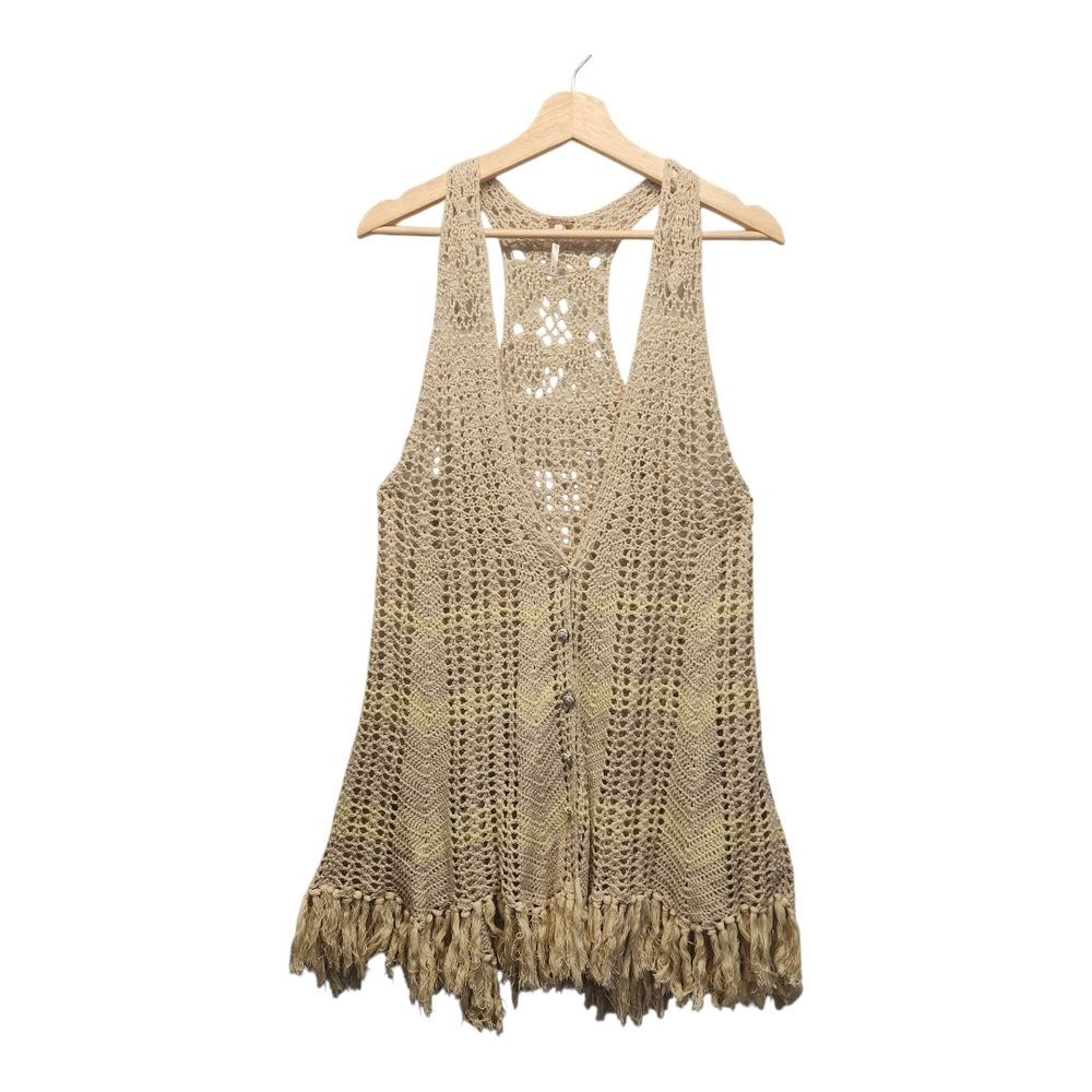 Free People Open Knit Crochet Fringe Vest w/Floral Buttons MEDIUM Boho Hippie